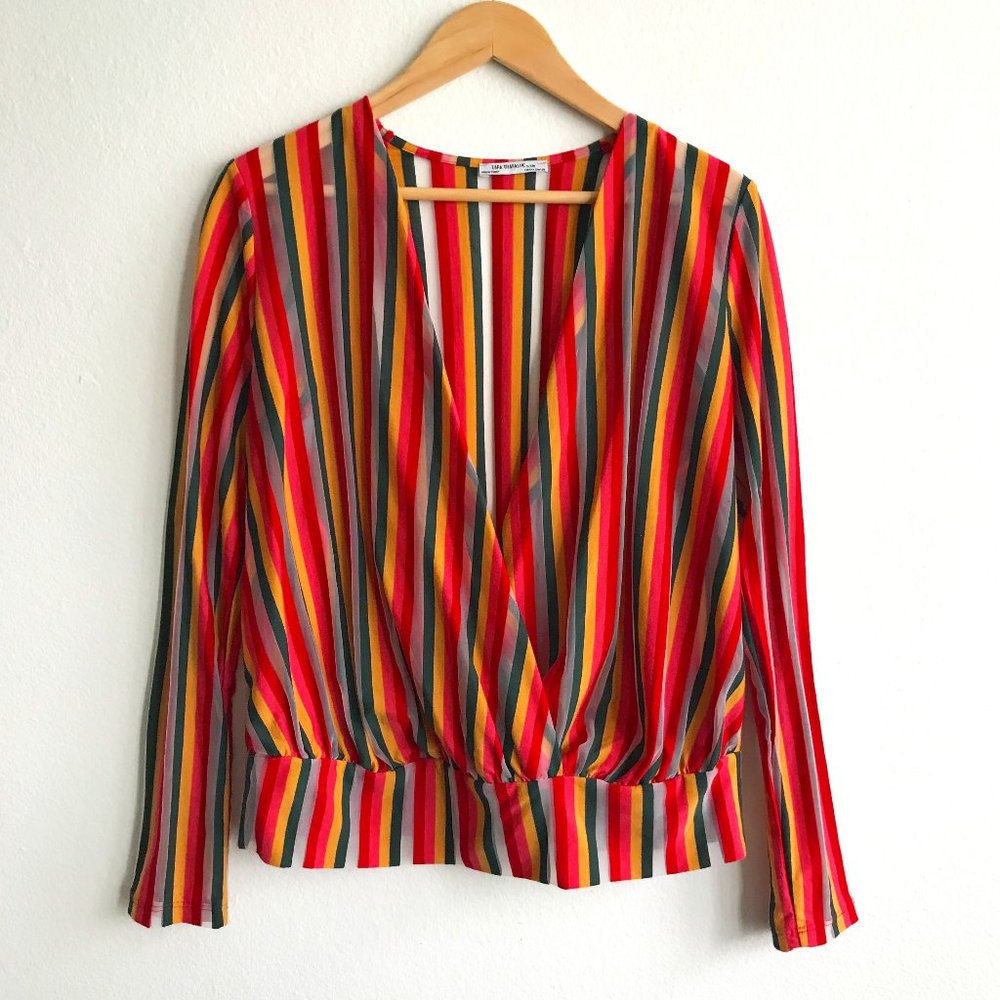 Zara Trafaluc Rainbow Striped Wrap Long Sleeve Blouse Sheer Pride Size S Small